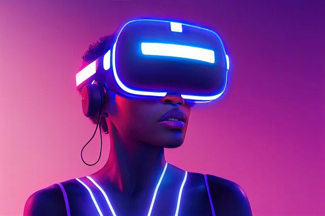 Artırılmış gerçeklik ve sanal gerçeklik cihazlarıyla etkileşim tasarımını gösteren bir sahne; bir kişi VR gözlüğü takarken, başka bir kişi AR akıllı gözlük kullanıyor
