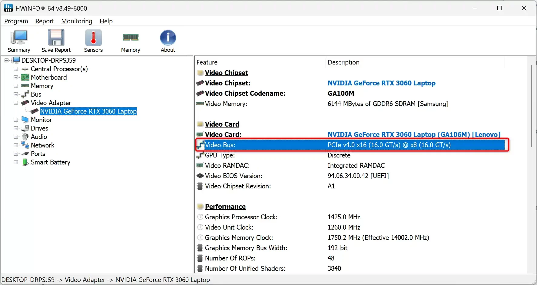 Checking the graphics card's PCI Express slot version with HWiNFO64 software