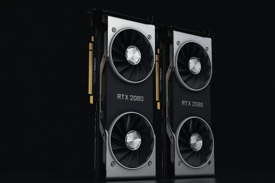 İki aynı türdeki NVIDIA grafik kartının yanyana çekilmiş bir fotoğrafı