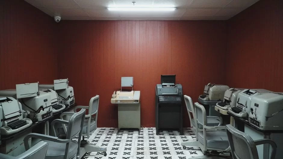 Creed, Siemens, Teletype, and Morkrum brand teleprinter devices shown side by side