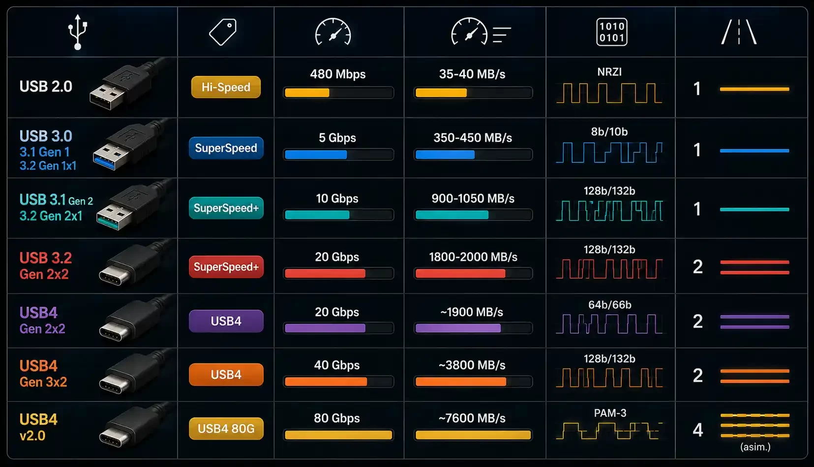 USB 2.0, 3.0, 3.1, 3.2 ve USB4 hızlarını gösteren diyagram