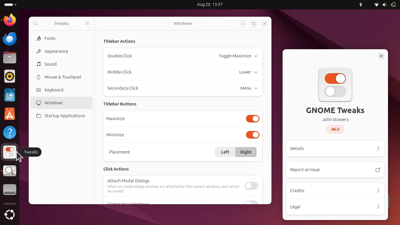 Visual interface of the GNOME Tweaks tool