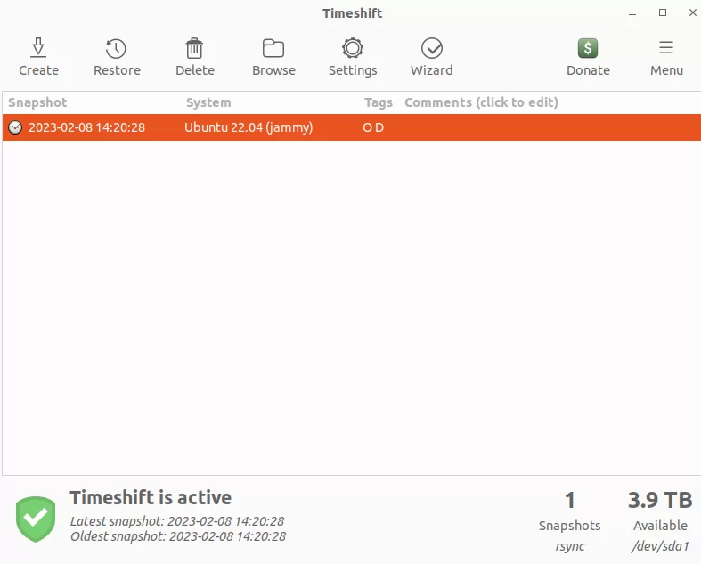 Timeshift application on the Ubuntu system
