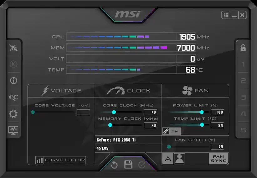 MSI Afterburner yazılımının ekran görüntüsü