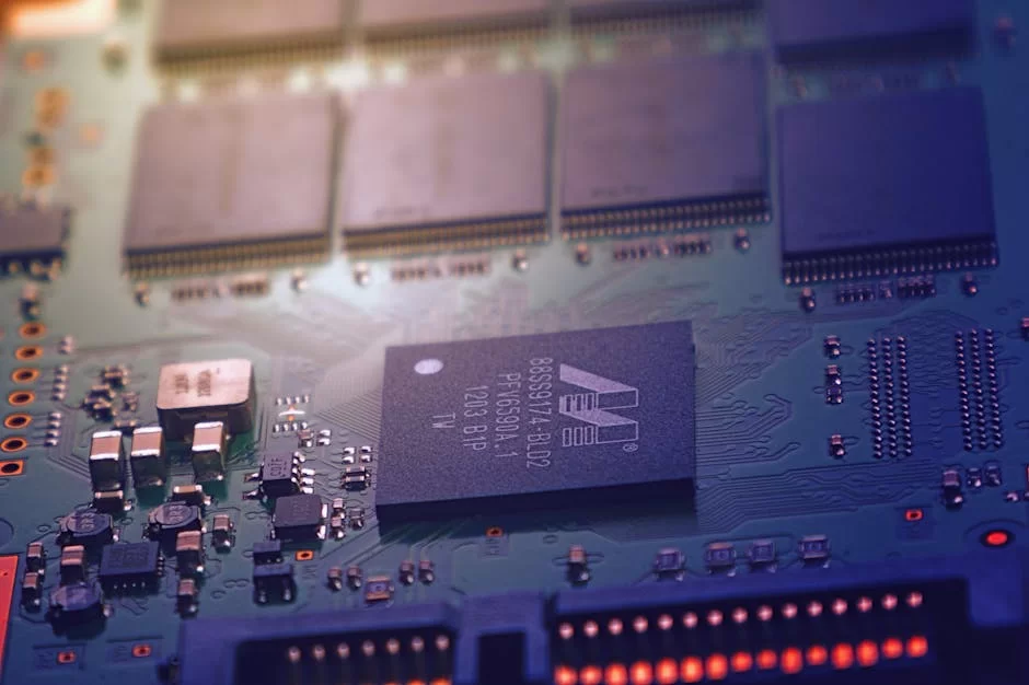 Akıllı telefonda LPDDR RAM ve UFS depolama çiplerini gösteren yakın plan fotoğraf